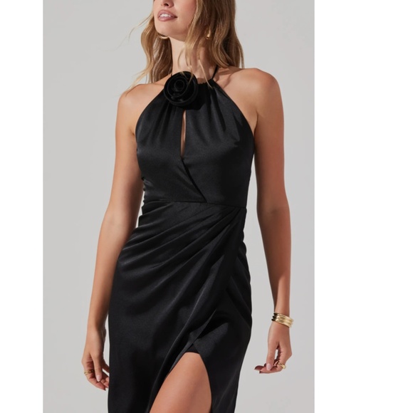 NEW ASTR The LABEL Black SATIN Floral Corsage HALTER High-Lo TULIP Midi DRESS XS - Picture 9 of 15